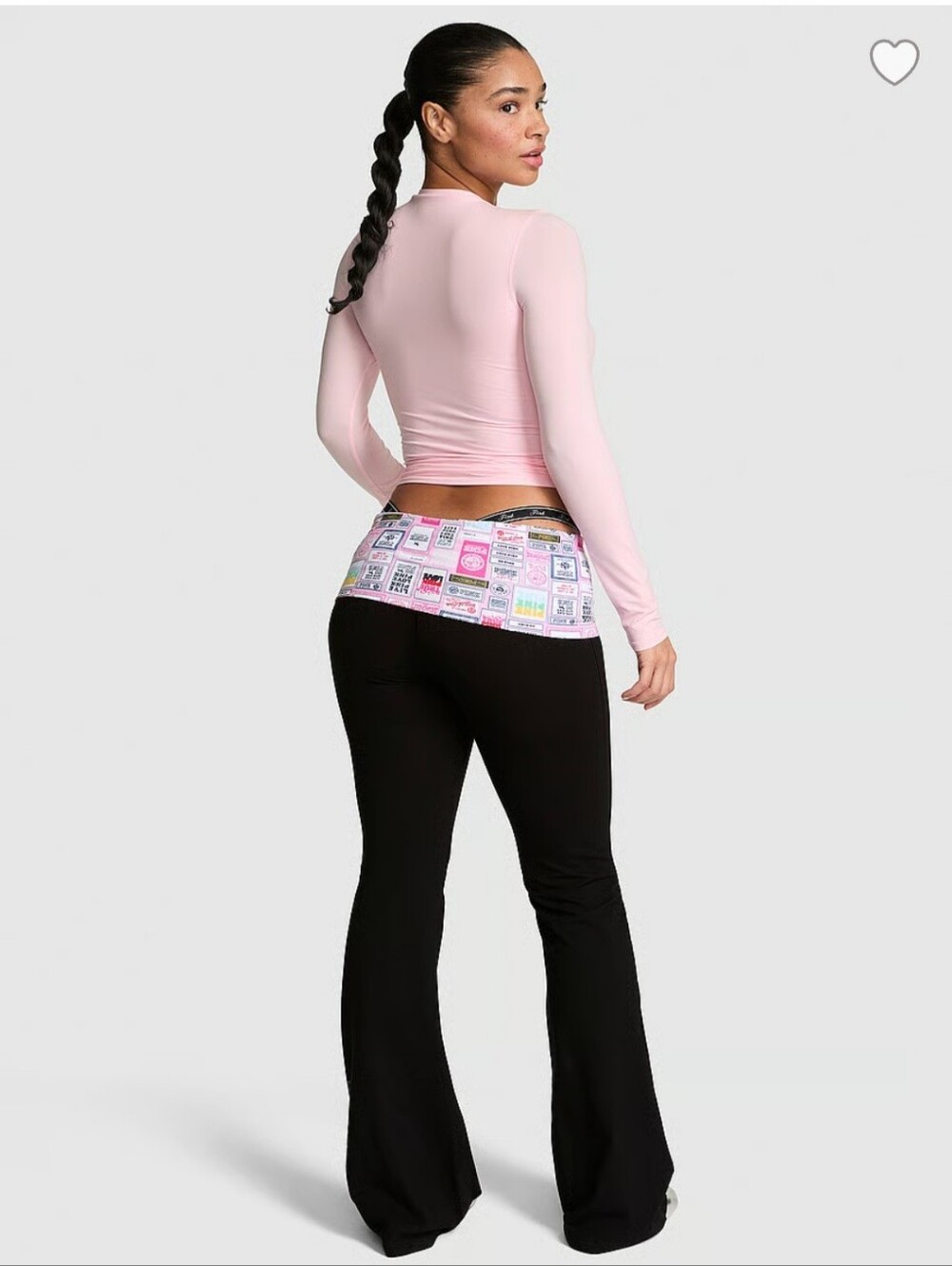 PINK All Day Cotton Foldover Flare Leggings Black Patchwork NWT - Picture 2 of 6